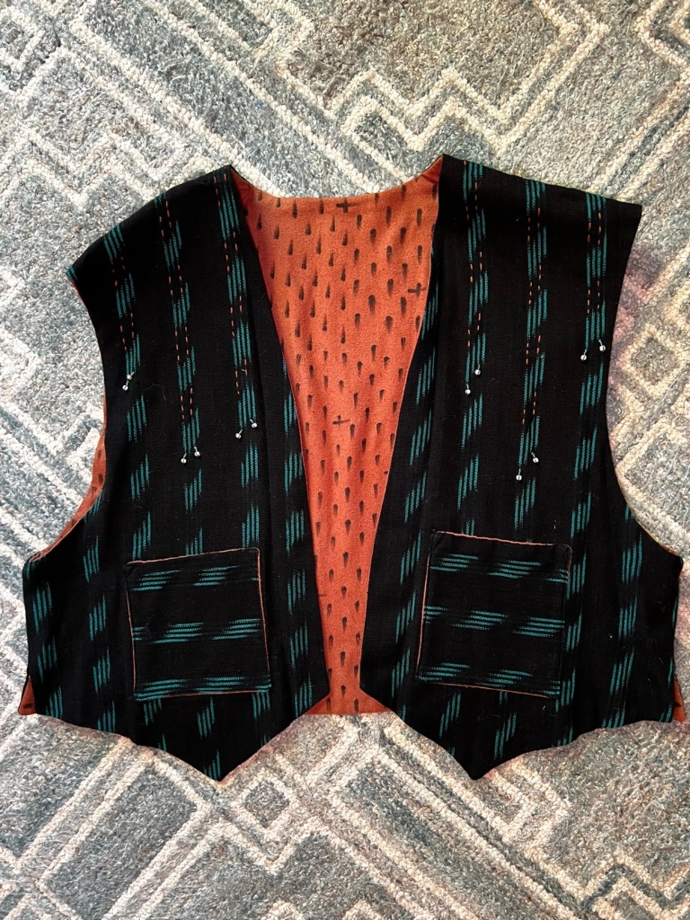 Black & Teal Patterned Unisex Vest with Rust lining (reversible)